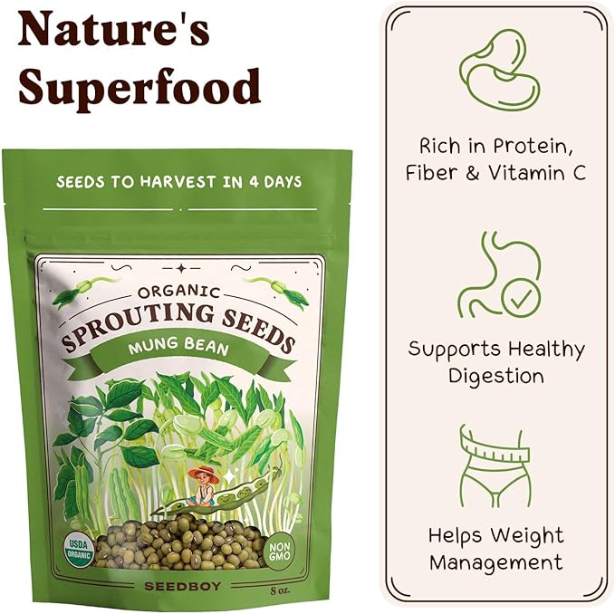Seedboy Organic Non-GMO Mung Bean Seeds for Sprouting - Microgreens Sprouting Seeds - 8 oz Bag Makes 5 Quarts / 15 Servings (Mung Bean)
