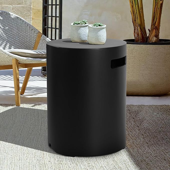 Propane Tank Cover Table - Outdoor Tank Covers Concrete Gas Tank Box - 20 LB Modern Cover Tables with Side Handle - Concrete Hideaway Holder for Patio or Deck - Black&Round