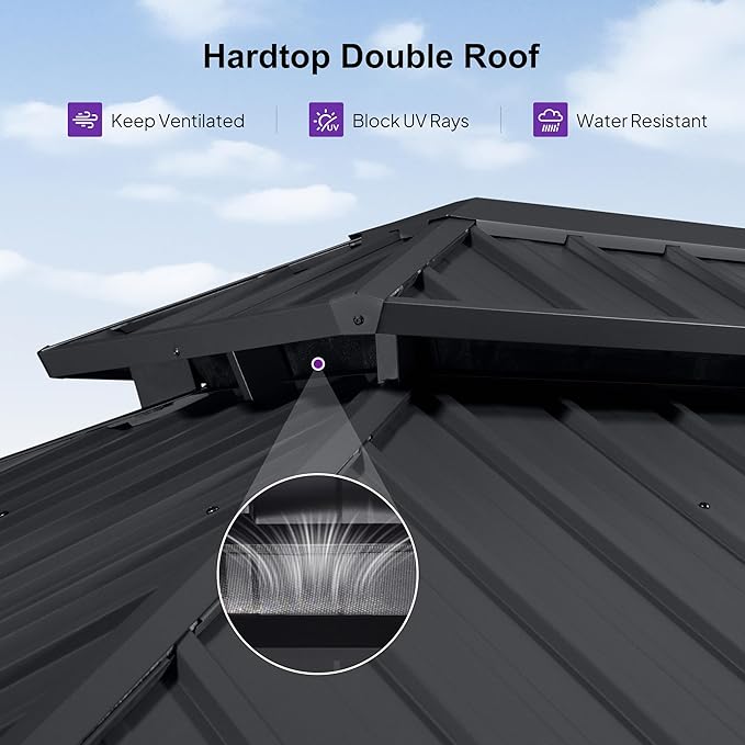PURPLE LEAF 08'x14' Hardtop Gazebo with Lights Wind Resistant Galvanized Steel Dual Layer Double Roof Outdoor Patio Pavilion Including Netting and Privacy Curtains for Lawn Garden Backyard Grey