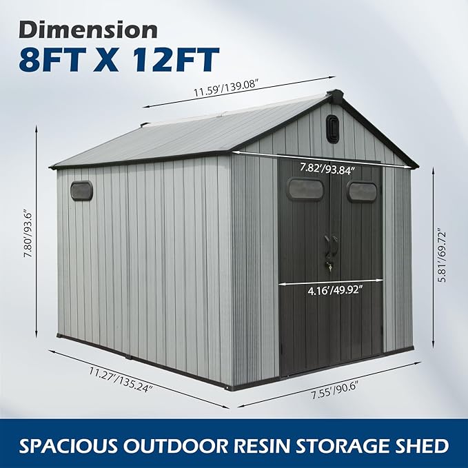 Domi 8x12Ft Resin Outdoor Storage Shed, Plastic Garden Shed with Carpet, Outside Weatherproof Storage Building for Tools, Bike, Lawn Mower, Patio, Backyard