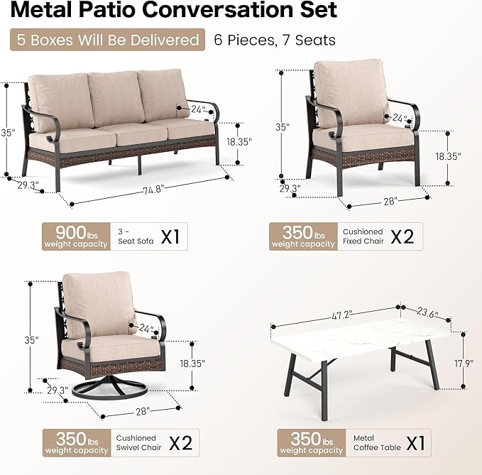 SUNSHINE VALLEY 6 Piece Metal Outdoor Patio Furniture Set, Patio Conversation Set with 3-Seater Couch, 2 Fixed Sofa, 2 Swivel Sofa (5.75" Thick Cushion) & Coffee Table Black Backyard Furniture, Beige