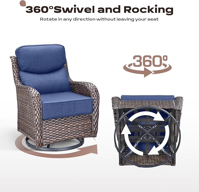 Rilyson Wicker Outdoor Patio Furniture Set - 5 Piece Patio Conversation Sets with Swivel Rocker Chairs, Ottomans and Side Table, 6 inch Cushions, Waterproof Wicker, for Porch Deck Brown/Blue