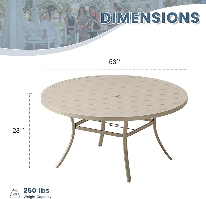 DIFY 53" Round Outdoor Patio Dining Table for 8, Metal Patio Table with 1.57" Adjustable Umbrella Hole, All-Weather Dining Furniture Table for Backyard Lawn Garden, Cream
