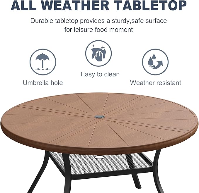 VICLLAX Round Patio Dining Table, 4-6 Person Aluminum Outdoor Dining Table with Umbrella Hole and Storage Shelf for Garden Lawn Deck, 47.2" Walnut
