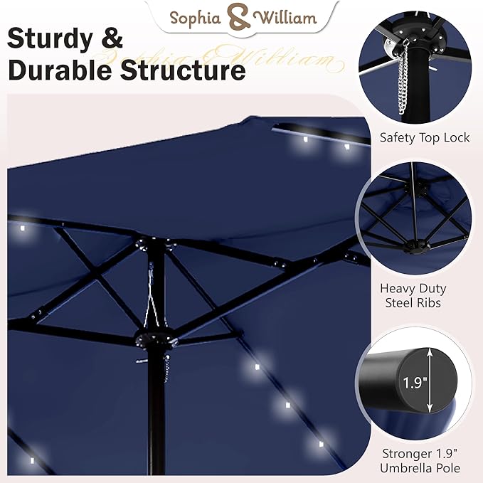 Sophia & William 15 ft Extra Large Patio Umbrella with Solar Lights, Rectangular Outdoor Umbrella with Base Included, Market Umbrella Double-sided Heavy Duty for Pool Garden Backyard, Navy Blue