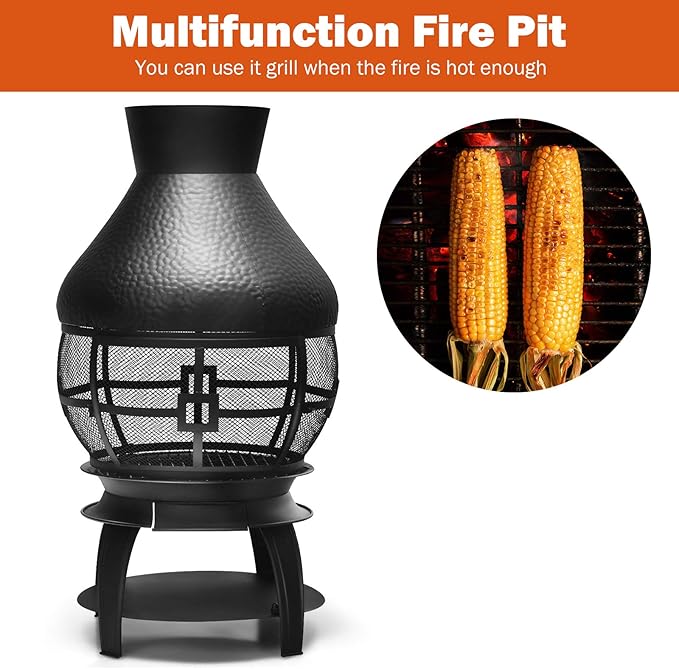 Giantex Wood Burning Chiminea, Heavy Duty Fireplace Chiminea Wooden Fire Pit with 2-Piece Log Grate, Premium Rain Cap & Fire Poker, 360°Fire Retardant Mesh Cover, Ideal for Garden, Patio, Backyard
