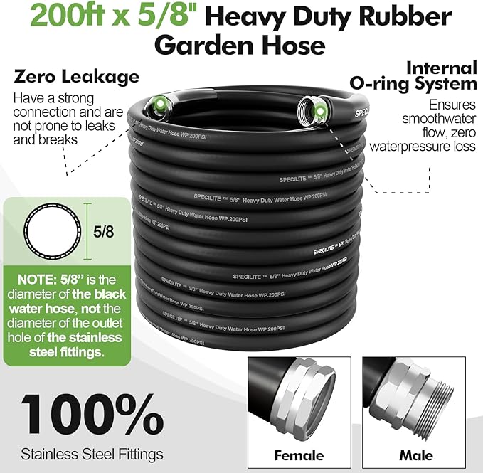 SPECILITE 5/8" Garden Hose 200 ft with High Flow Nozzle, Heavy Duty Flexible Hybrid Rubber Water Hose for Outdoor, Lightweight, Leak-Proof, No-Kink, 3/4"Stainless Steel Fittings,Black