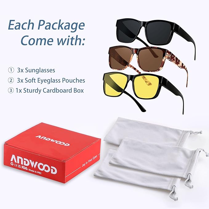 ANDWOOD Fit Over Glasses Polarized Sunglasses for Women Men Oversized Square Shades UV400 Protection