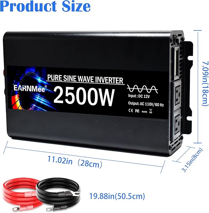 Power Inverter 2500 Watt,Vehicles 12V to 110V Converter 2500w,Power Adapter,Pure Sine Wave Inverter for Car,RV,Solar,Truck,Camping Gear,with LCD Display