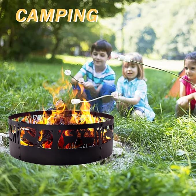Fire Pit Ring Outdoor Steel: Heavy Duty Round Firepit Ring with Patterned Cutouts for Backyard Camping & Beach Bonfires 36Inch