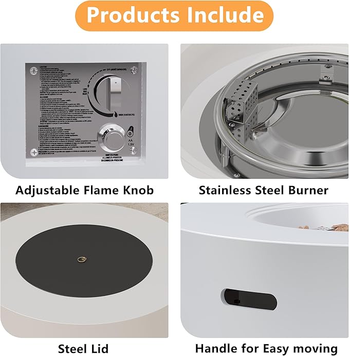 32 inch Round Propane Fire Table, 50,000 BTU Gas FirePit, Patio Fire Pit Table with Steel Lid, Rain Cover, 10ft Propane Hose, Lava Rocks, White
