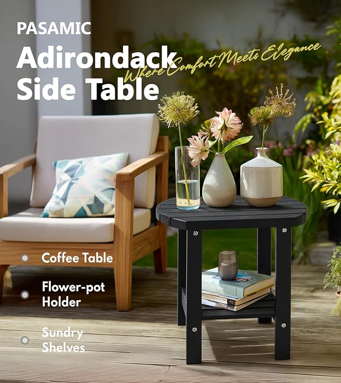 PASAMIC 2-Tier Adirondack Oval Outdoor Side Table, HDPE Small Outdoor Table, Patio End Table for Patio, Backyard, Weather-Resistant (Black)