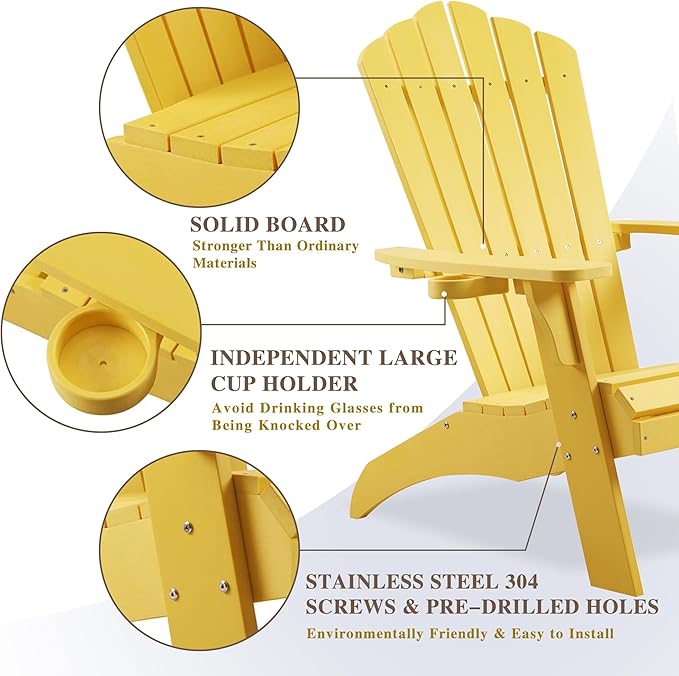 Psilvam Adirondack Chair, Oversized Poly Lumber Fire Pit Chair with Cup Holder, 350Lbs Support Patio Chairs for Garden, Weather Resistant Adirondack Chair Looks Like Real Wood (4, Yellow)