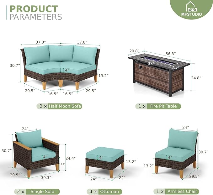 MFSTUDIO 10 Pieces Wicker Patio Furniture Set with 56" Fire Pit Table, Half-Moon Curved Outdoor Patio Sectional Sofas, Extra Large Rattan Outdoor Conversation Set for Lawn, Garden(Aqua Blue Cushion)