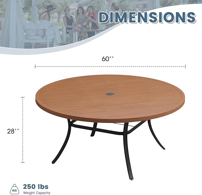 DIFY 60" Round Outdoor Patio Dining Table for 8-10, Metal Patio Table with 1.57" Adjustable Umbrella Hole, All-Weather Dining Furniture Table for Backyard Lawn Garden, Walnut