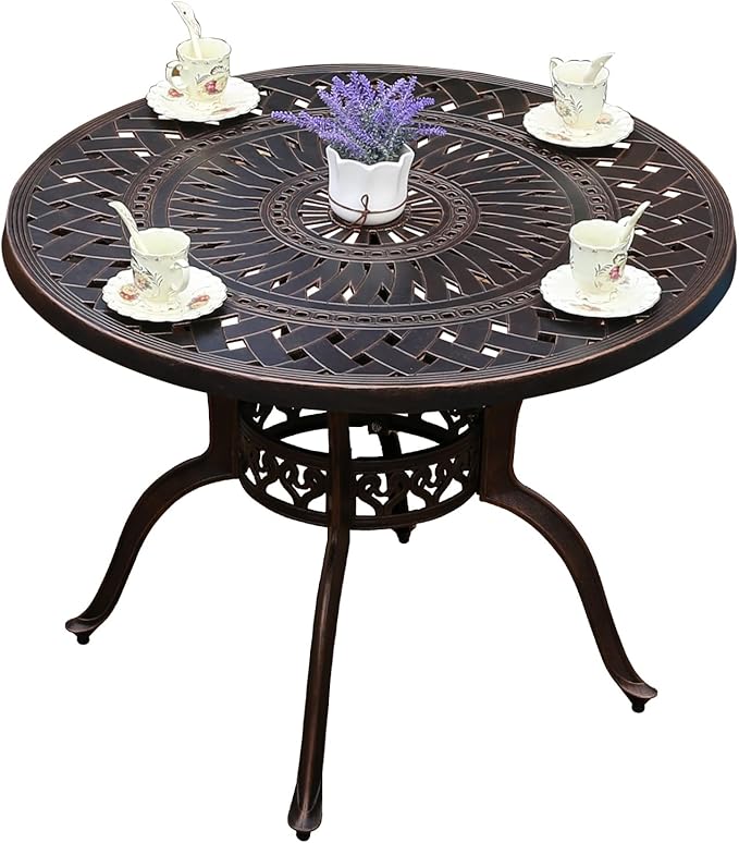 FAPOLITE Outdoor Table Cast Aluminum Round Patio Table with Umbrella Hole All Weather Outdoor Dining Tables for Lawn Garden Backyard (90cm Round Tables with Slanted Lattice)