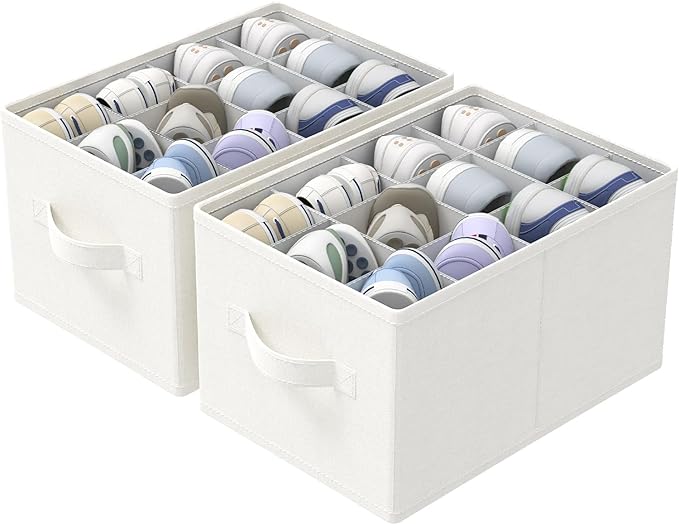 2 Pack Shoe Storage Bins, Fits Up to 24 Pairs, Foldable Space-saving Closet Organizers System, Clothes Basket with Reinforced Handles, 16.5 x 12.6 x 10.2 In, White & Ivory, XSNX02W-2