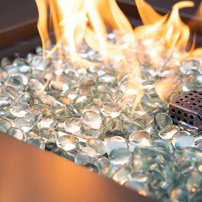 onlyfire Flat Fire Glass Beads for Propane Fire Pit, 1/2 Inch Reflective Firepit Glass Rocks 10 Pounds Flat Marbles for Gas Fireplace and Fire Pit Table, Crystal Ice