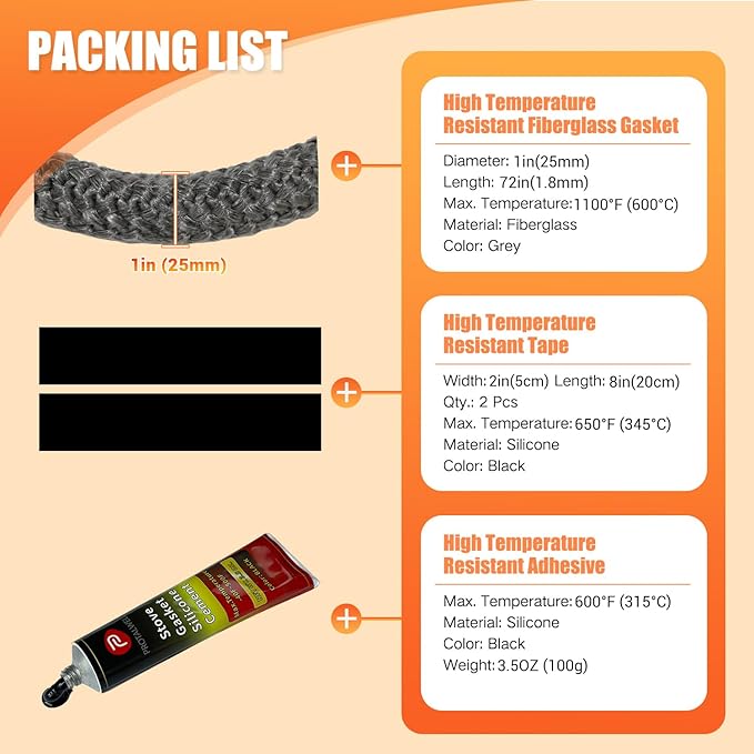 Wood Stove Gasket, 1" Woodstove Door Gasket Kit, High Temperature Resistant Rope Replacement for Fireplace Doors, Grey Color Fiberglass Seal