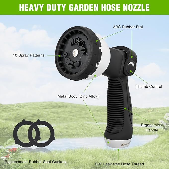 Yesker Garden Hose Nozzle Water Hose Sprayer Nozzle Adjustable 10 Spray Patterns Heavy Duty Metal Nozzles Thumb Control w Non-Slip Grip for Outdoor Watering Plants Lawn Washing Car Pets, Black