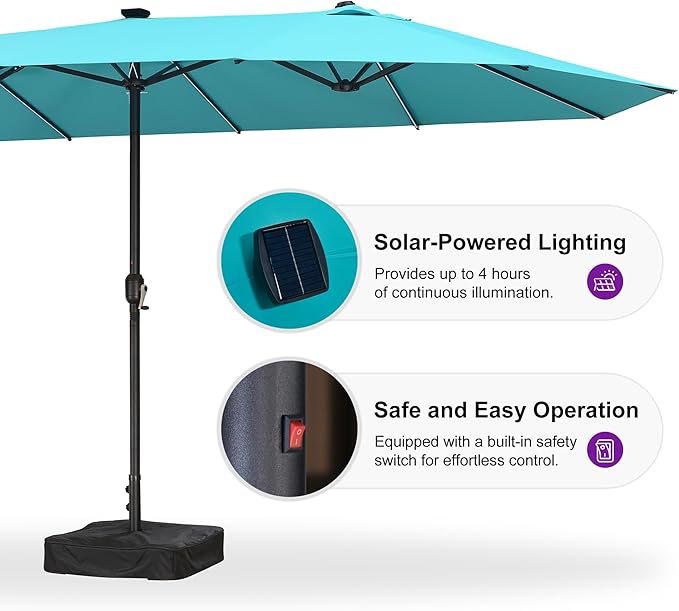 PURPLE LEAF 14ft Patio Market Umbrella with Solar LED and Base Double-Sided Rectangle Outdoor Table Sun Umbrellas with Crank for Pool Beach Deck Backyard Turquoise Blue