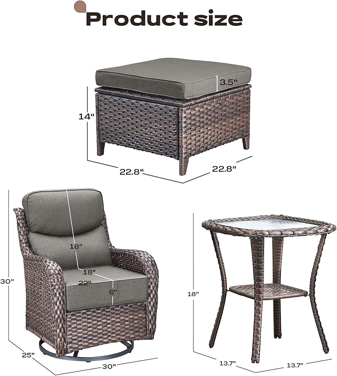 Rilyson Wicker Outdoor Patio Furniture Set - 5 Piece Patio Conversation Sets with Swivel Rocker Chairs, Ottomans and Side Table, 6 inch Cushions, Waterproof Wicker, for Porch Deck Brown/Grey