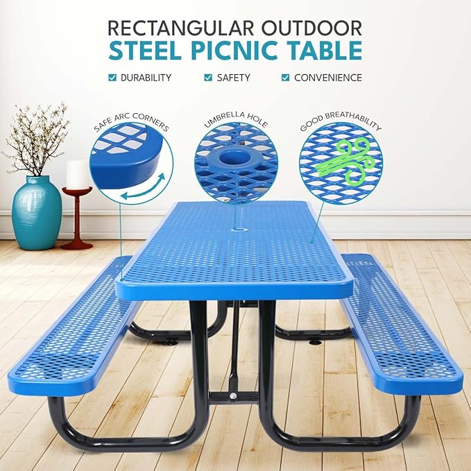 Phyfalip 6 ft. Rectangular Outdoor Steel Picnic Table with Umbrella Pole, Heavy-Duty Weather-Resistant Dining Table for Patio, Backyard, and Garden, Rust-Resistant Finish, Blue