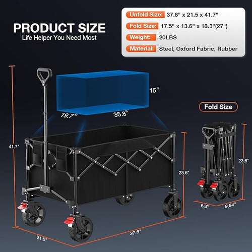 180L Large Capacity Collapsible Wagon Carts with Wheels,Foldable Wagon with 330LBS,Heavy Duty Shopping Cart,Portable Wagons Carts Foldable for Beach,Sports,Garden,Laundry,Outdoor-Black