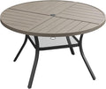 VICLLAX Round Patio Dining Table, 4-6 Person Metal Outdoor Dining Table with Umbrella Hole and Storage Shelf for Garden Lawn Deck, 47.2" Grey