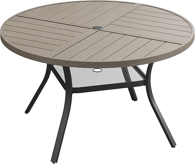 VICLLAX Round Patio Dining Table, 4-6 Person Metal Outdoor Dining Table with Umbrella Hole and Storage Shelf for Garden Lawn Deck, 47.2" Grey