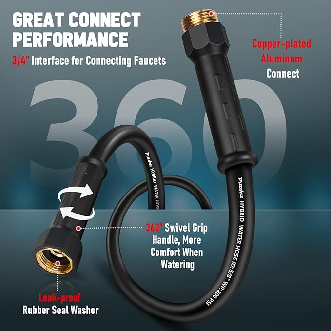 Garden Hose 50 ft x 5/8", NON-EXPANDABLE Heavy Duty Premium Flexible Water Hose, No Kink, Leakproof, Lightweight Hybrid Hose with Male to Female Fittings for Household、Backyard