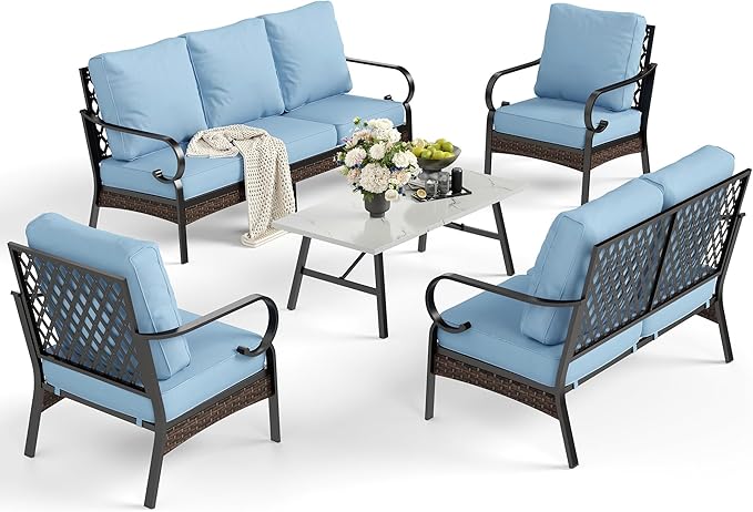 SUNSHINE VALLEY 5 Piece Metal Outdoor Patio Furniture Set, Patio Conversation Sets 1 3-Seater Sofa, 2-Seater Sofa, 2 Fixed Sofa with 5.75" Thick Cushion & Coffee Table Black Backyard Furniture, Blue