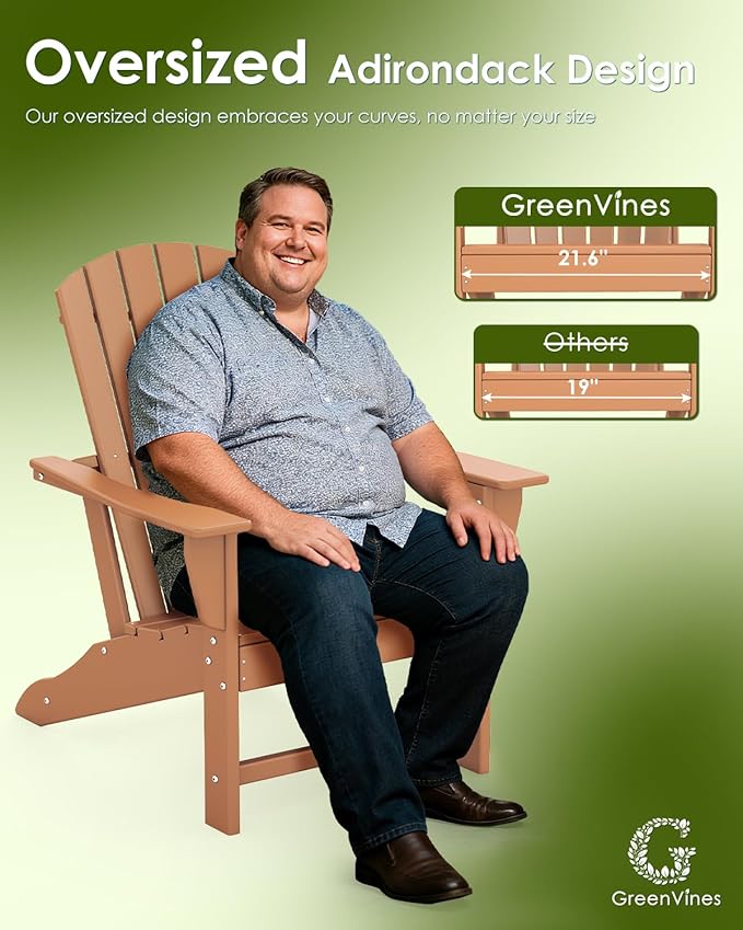 GREENVINES Adirondack Chairs Set of 4 | HDPE Plastic | All Weather | Oversized Fire Pit Chair | Teak | Poly Lumber | for Outdoor Deck Backyard Patio Garden