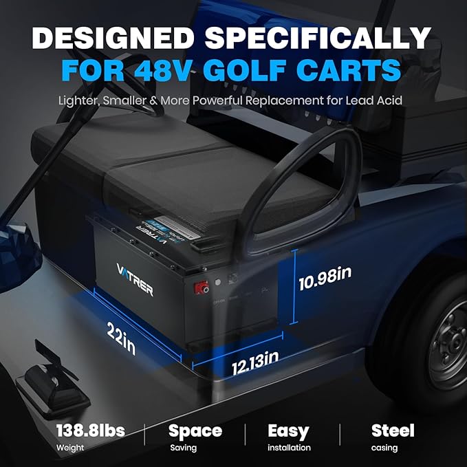 VATRER POWER 48V 150Ah Lithium Golf Cart Battery, Built-in Smart 200A BMS, with Touch Monitor & Mobile APP, 4000+ Cycles Rechargeable LiFePO4 Battery, Max 10.24kW Power Output, Perfect for Golf Carts