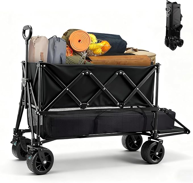 400L Large Capacity Double Decker Folding Wagon, Foldable 450lbs Heavy Duty Beach Cart with All-Terrain Big Wheels,Utility Carts Foldable for Beach, Sports,Outdoor,Shoping