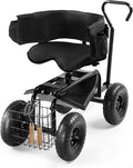 Outvita Rolling Garden Seat with Wheels, Gardening Stool with Height Adjustable 360 Degree Swivel Seat, Ergonomic Backrest, Tool Tray & Storage Basket, Outdoor Gardening Scooter Cart for Patio, Black