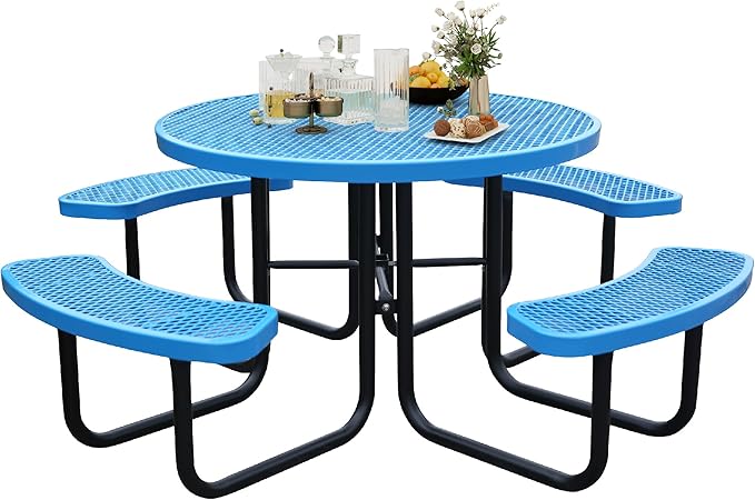 Sunnibety 8-Person Picnic Tables for Outdoors, Industrial 46" Expanded Metal Round Picnic Table with 4 Benches & Umbrella Hole, Outside Table and Bench Set for Park, Garden, Backyard, Patio, Blue