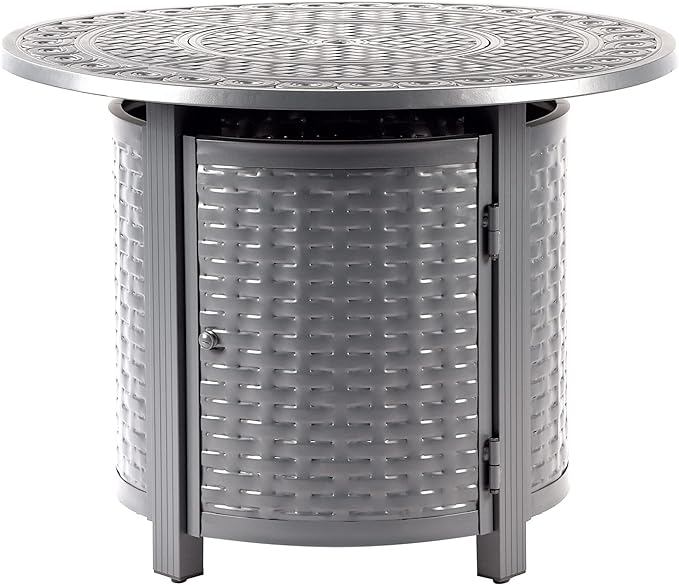 Round 34 in. x 34 in. Aluminum Propane Fire Pit Table with Glass Beads, Two Covers, Lid, 37,000 BTUs in Grey Finish
