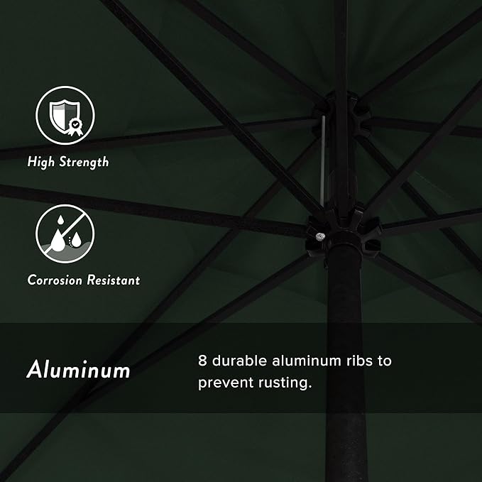 California Umbrella 9' Rd Aluminum Patio Umbrella, Crank Lift, Auto Tilt, Black Finish, Sunbrella Forest Green
