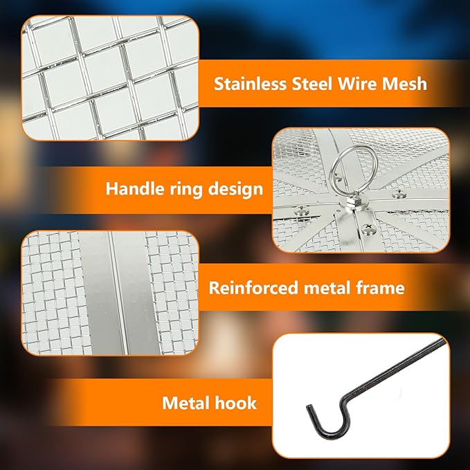 24 Inch Fire Pit Spark Screen,Stainless Steel Fire Pit Screen Cover with Handle&Poker,Outdoor Fire Pit Screen Cover Round Mesh Lid Heavy-Duty for Backyard/Beach/RV Camping