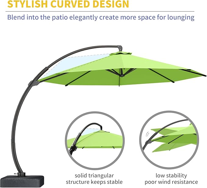 Kingdura 11ft Cantilever Patio Umbrella with Base Included, Large Round Offset Outdoor Pool Umbrella, 360° Rotation & Infinite Tilt, Heavy Duty Aluminum Frame for Deck Backyard, Apple Green