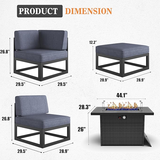 9 Pieces Aluminum Patio Furniture Set with Propane Gas 44" Fire Pit Table, Metal Outdoor Conversation Sofa Set with Seating Cushions