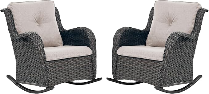 Patio Rocking Chairs Set of 2, Wicker Outdoor Rocking Chairs, Outdoor Gliders Patio Rockers for Porch, Deck, Yard, Sunroom, Garden, Brown Wicker/Beige Cushion