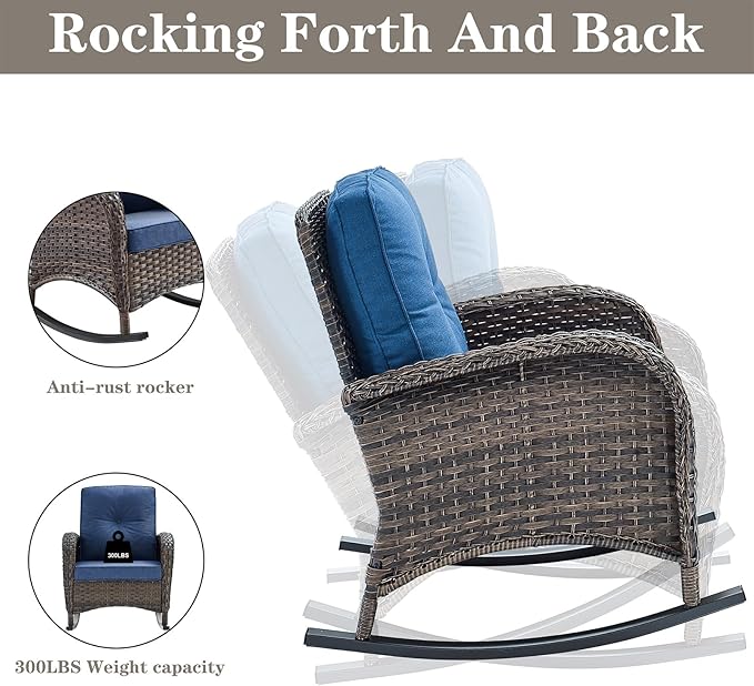 Belord Patio Wicker Furniture with Rocking Chairs Loveseat, 5 Piece Rattan Furniture Outdoor Table and Rocking Chairs Set for Patio Deck Porch Backyard Brwon/Blue