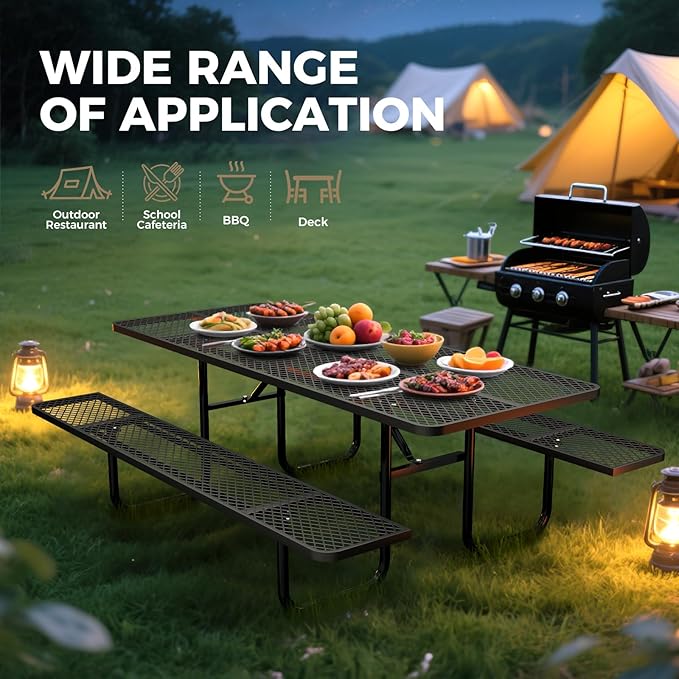 Rueekfil 72" Coated Picnic Table with Umbrella Hole, Heavy Duty Commercial Picnic Table for Outdoors, Family & Party Ready for School Camping, Rectangular, Black