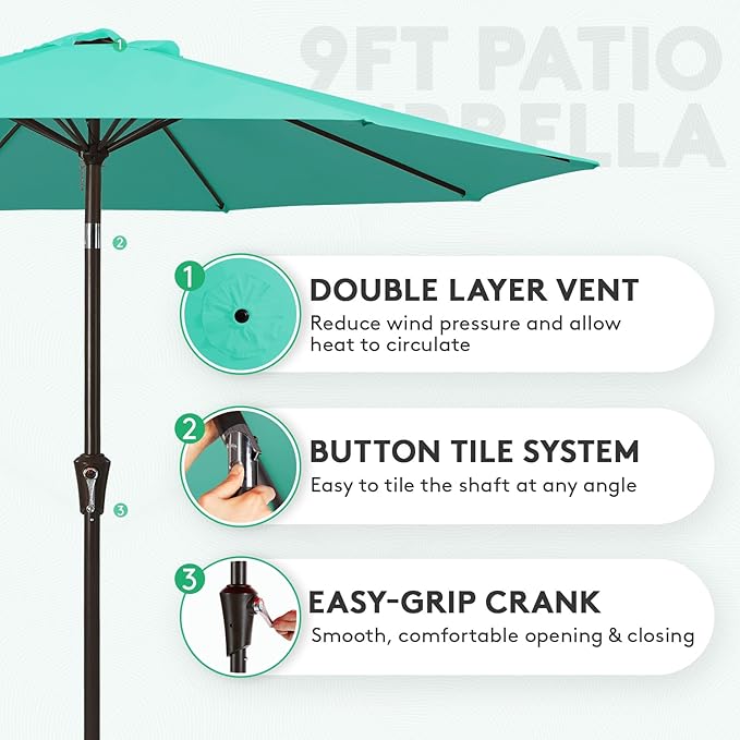 JEAREY 9FT Outdoor Patio Umbrella Outdoor Table Umbrella with Push Button Tilt and Crank, Market Umbrella 8 Sturdy Ribs UV Protection Waterproof for Garden, Deck, Backyard, Pool (Bright Teal)