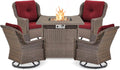 Outdoor Patio Swivel Gliders with Fire Pit Table 5 Piece Set - High Back Brown Wicker Rattan Rocking Chair with Thick Cushion for Porch Apartment Deck Yard Poolside Garden - Red