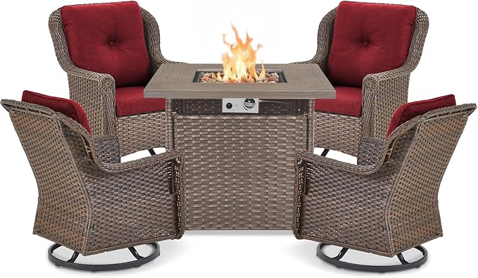 Outdoor Patio Swivel Gliders with Fire Pit Table 5 Piece Set - High Back Brown Wicker Rattan Rocking Chair with Thick Cushion for Porch Apartment Deck Yard Poolside Garden - Red