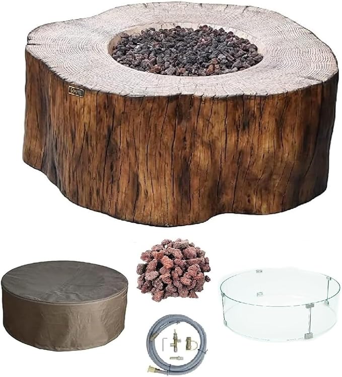Elementi Manchester Gas Fire Pit Cast Concrete Fire Table, Outdoor Fire Pit Electronic Ignition | Canvas Cover, Lava Rock Included | Free AMS Wind Guard | Red Wood (Natural Gas)