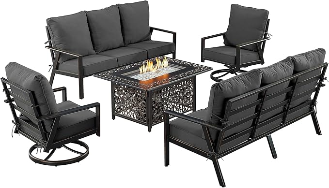Oakland Living Black Aluminum Patio Fire Table Set with Two Deep Seating Sofa with Cushions and Two Club Chairs with Black Cushions